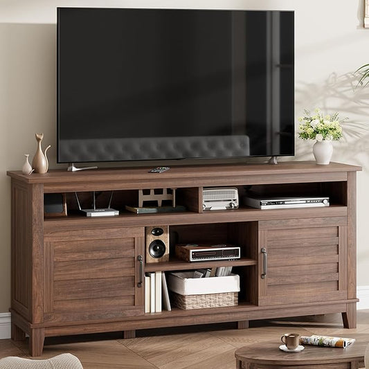 GarveeHome TV Stand for 63 in, Entertainment Center with Adjustable Shelves, Farmhouse TV Stand with Cabinet Doors,for Living Room, Bedroom (Brown, 63)