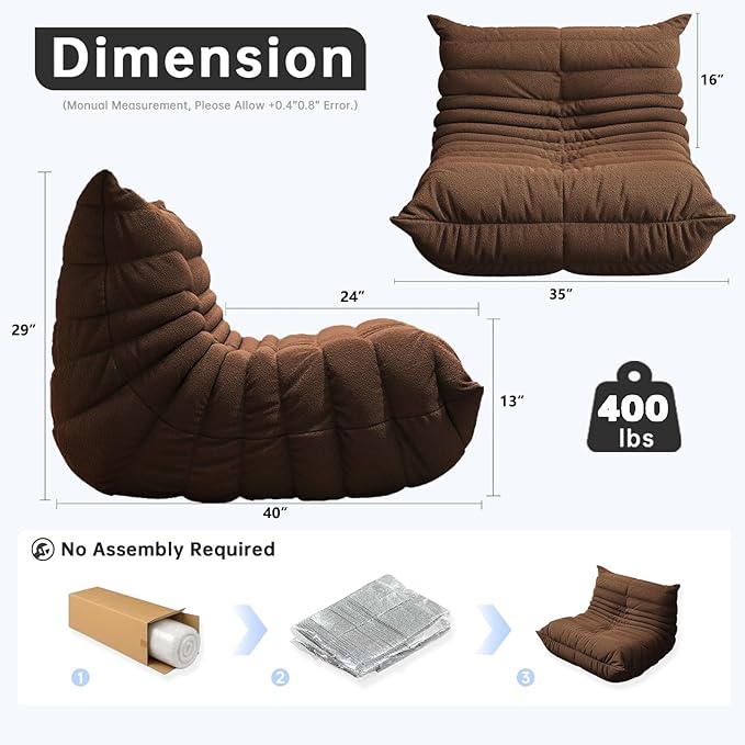 Bean Bag Chairs for Adults, BeanBag Reading Chair Memory Foam Couch, Floor Chair Soft Teddy Material, Comfy Reading Nook Chairs for Bedroom Living Room Office (Brown)