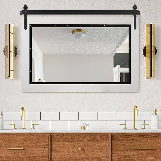 YOSHOOT Farmhouse Barn Door Mirror, 48"x30" Rustic Bathroom Mirror, Wood Frame Wall Mirror, Wooden Mirror for Living Room Bedroom Entryway Wall Décor, Horizontal Hanging ONLY