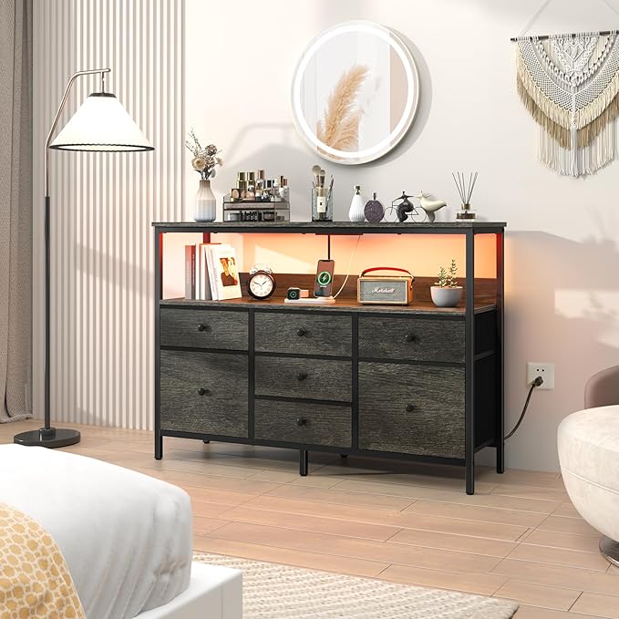 Yoobure LED TV Stand for Bedroom, 50 Inch Kids Dresser with Power Outlets, 7 Drawers Entertainment Center with Storage Shelf, TV Stands Dresser for Bedroom, Living Room, TV Console Entertainment Stand