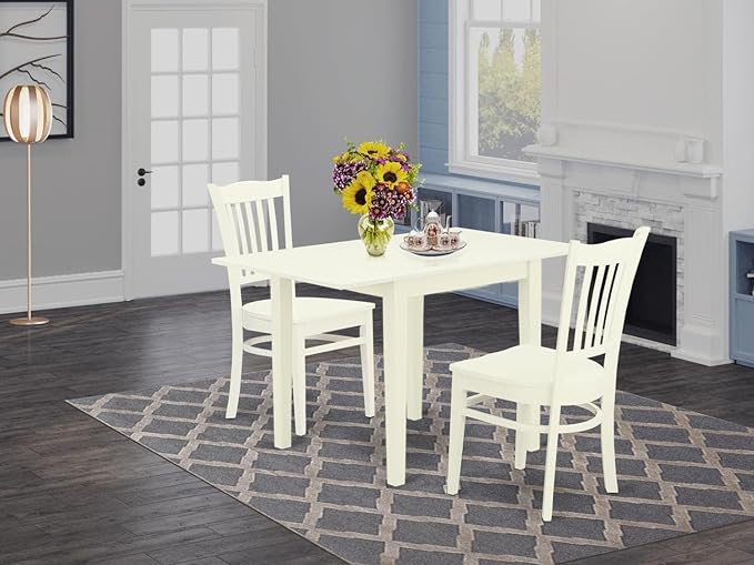 East West Furniture NDGR3-LWH-W 3 Piece Dining Set Contains a Rectangle Dining Room Table with Dropleaf and 2 Kitchen Chairs, 30x48 Inch, Linen White