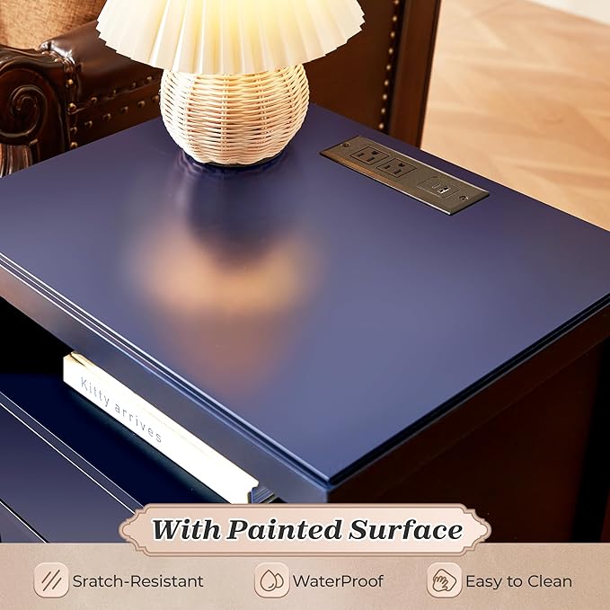 Huuger Nightstand with Charging Station, Blue Nightstand with 2 Drawers, Bed Side Table for Bedroom, Bedside Table with Storage, Modern Nightstands, Metal Knobs, Painted Surface