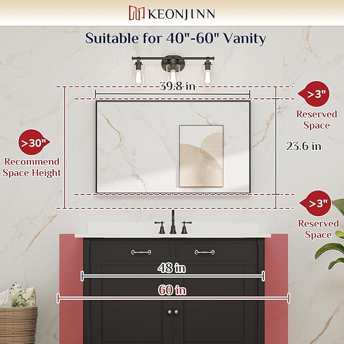 Keonjinn Black Bathroom Mirror 40 x 24 Inch, Metal Frame Black Mirror for Over Sink, Brushed Black, Modern Farmhouse, Square Corner Rectangular Mirrors for Wall(Horizontal/Vertical)