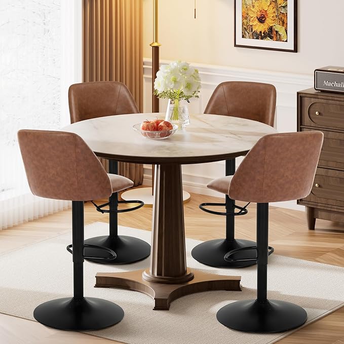 COLAMY Bar Stools Set of 2, Modern Swivel Bar Chairs, Adjustable PU Leather Upholstered Barstools Counter Height with Full Backrest for Bar, Dining Room, Kitchen Island, Brown