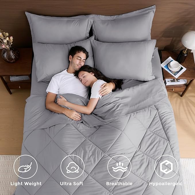 HEVUMYI Light Grey Twin-XL Comforter Set - 5-Piece All Season Bed in a Bag Twin-XL, Ultra Soft Bedding Set with Comforter, Flat Sheet, Fitted Sheet, Pillowcases, Pillow Shams, Light Gray