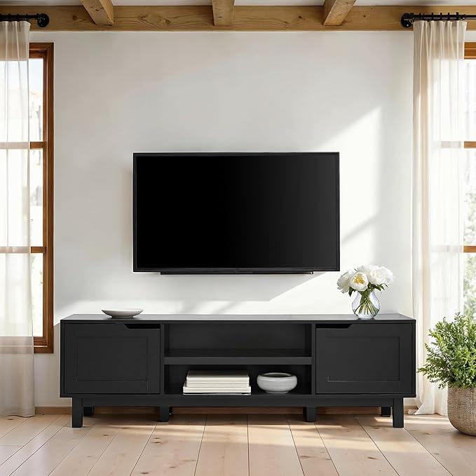 Walker Edison Tage Modern Pull-Open Door Low Stand for TVs up to 65 Inches, 58 Inch, Solid Black