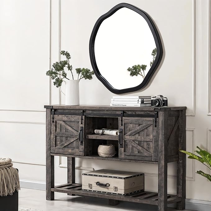 ULIKE Round Wood Mirror 24 Inch Circle Wall Mirror, Asymmetrical Bathroom Vanity Mirror with Wood Frame, Decorative Wall Mounted Mirror for Bedroom, Living Room, Entryway, Black