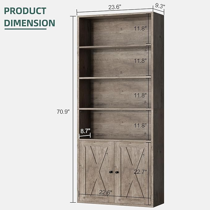 Shintenchi Bookshelf, Industrial Bookshelves and Bookcases with Doors Floor Standing 6 Shelf Display Storage Shelves 70.6 inches Tall Bookcase for Home Office, Living Room (Grey)