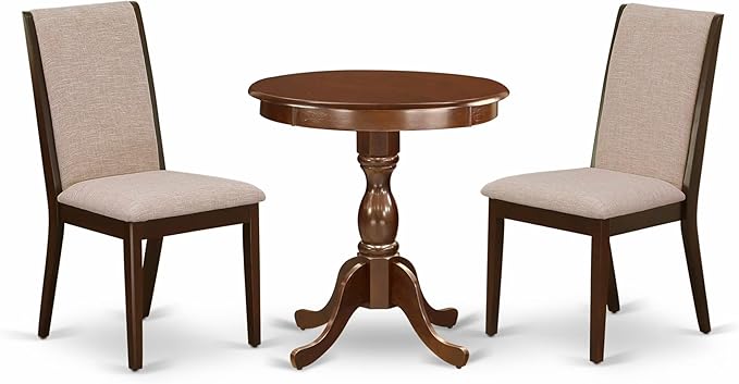 East West Furniture ESLA3-MAH-04 3 Piece Kitchen Table & Chairs Set Contains a Round Dining Room Table with Pedestal and 2 Light Tan Linen Fabric Parsons Chairs, 30x30 Inch, Mahogany