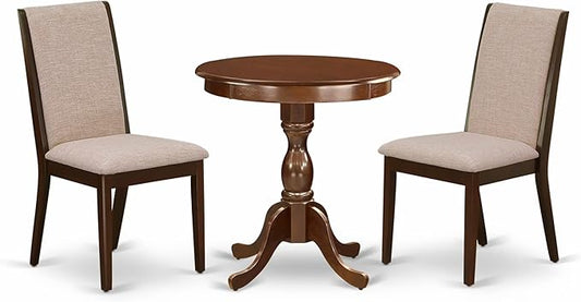 East West Furniture ESLA3-MAH-04 3 Piece Kitchen Table & Chairs Set Contains a Round Dining Room Table with Pedestal and 2 Light Tan Linen Fabric Parsons Chairs, 30x30 Inch, Mahogany