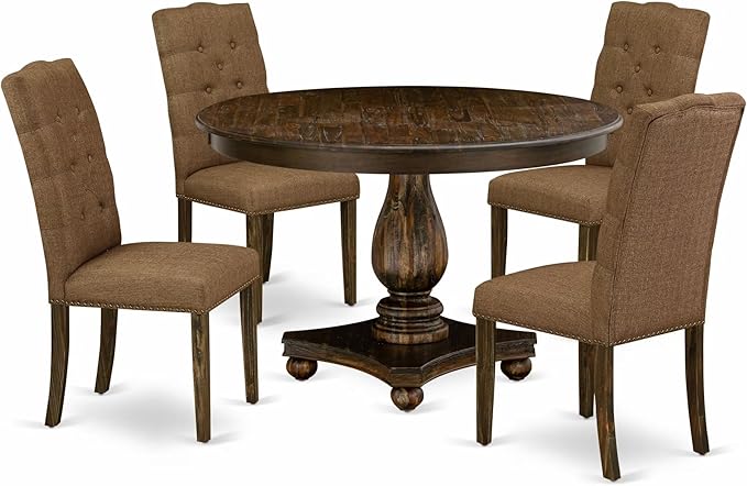 East West Furniture F2EL5-718 5 Piece Kitchen Table & Chairs Set Includes a Round Dining Table with Pedestal and 4 Brown Linen Linen Fabric Parson Chairs, 48x48 Inch, Distressed Jacobean