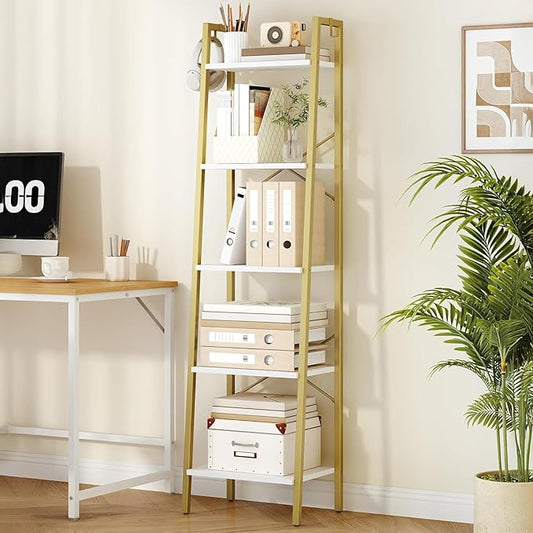 Ladder Shelf, Bookshelf Bookcase, Freestanding Corner Storage Shelve with 2 Hooks for Home Office, Living Room, Kitchen, Bedroom, Industrial, 5-Tier White Gold BC19213G