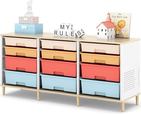 12-Drawer Storage Cabinet with Wooden Tabletop, Versatile Cube Storage Organizer Bin Storage for Home, Office, Playroom, Classroom & Craft Room Storage (Rainbow)