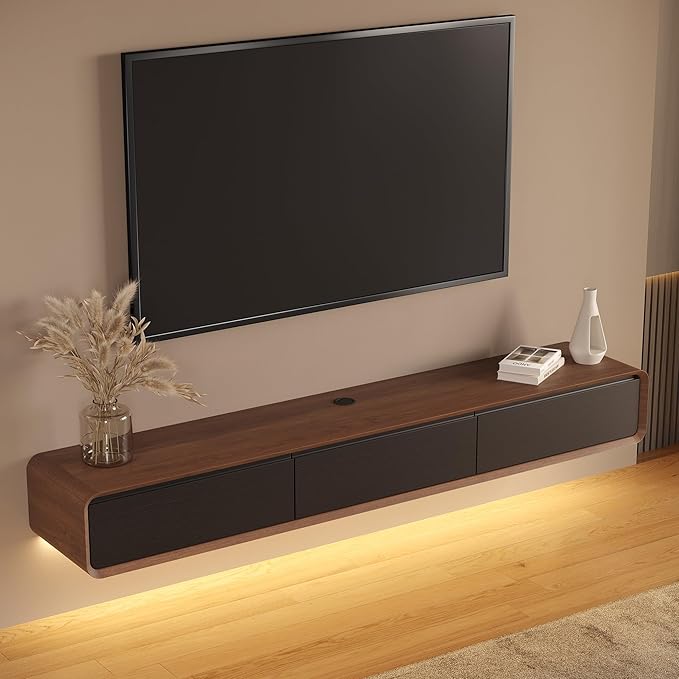 Minimalist Floating TV Stand with LED Lights, Modern Wall-Mounted Media Console with 3 Flip-Down Cabinet Doors for 75 Inch TV, Fully-Assembled, Walnut Veneer, 78"