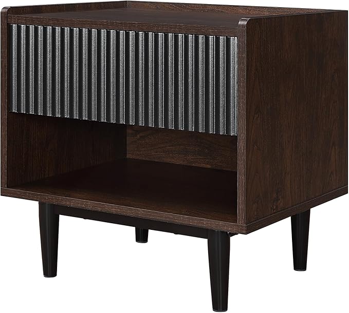 Manhattan Comfort Duane Modern Ribbed Nightstand Set of 2, Bedside Table with Full Extension Drawer and Open Shelf, Industrial Chic Living Room and Bedroom Furniture, Black