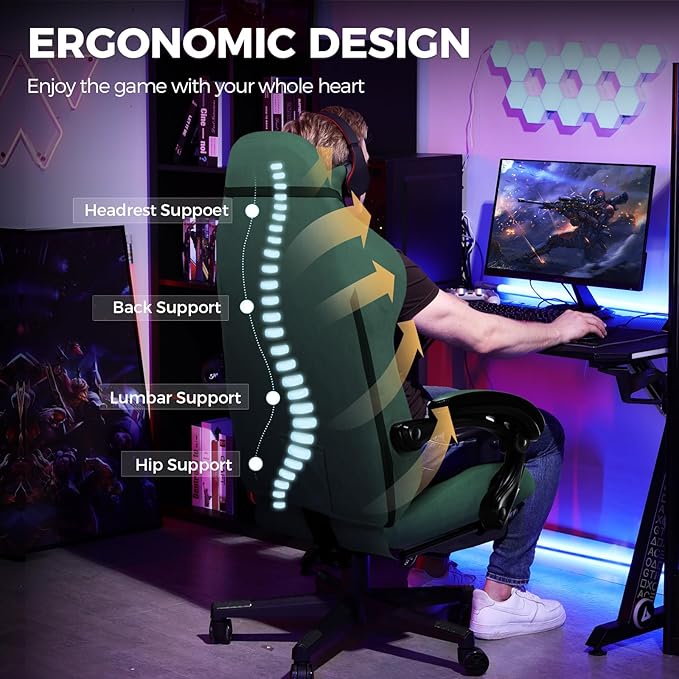 GTPLAYER Gaming Chair Fabric with Footrest, Big and Tall Game Chair High Back Computer Office Chair with Lumbar Support for Adults, Ergonomic Swivel Games Chair with Cushion Gaming Green