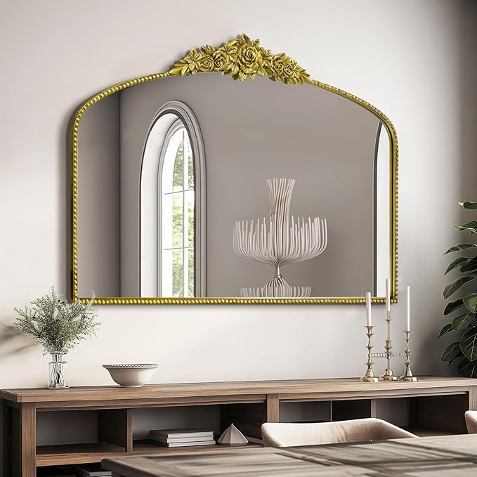 Antique Gold Arch Wall Mirror, 48"x30" Traditional Vintage Mantel Mirror with Ornate Metal Frame, Baroque Victorian Mirror for Fireplace/Entryway/Bathroom/Living Room/Dining Room