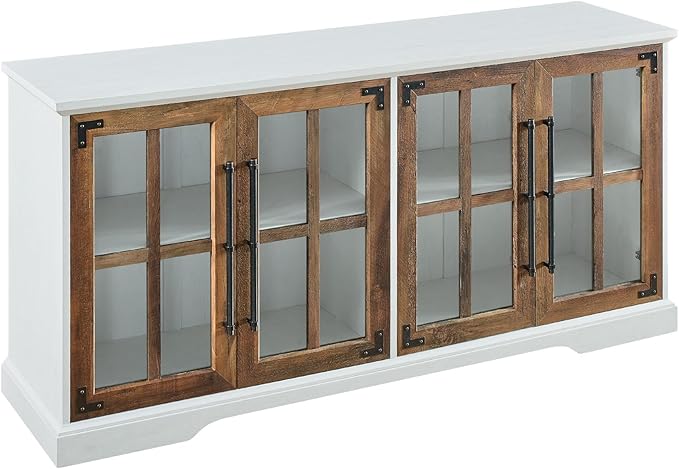 Walker Edison Modern Glass and Wood Universal TV Stand with 4 Door Storage For TV's up to 64" Flat Screen Living Room Storage Entertainment Center, 58 Inch, Rustic Oak