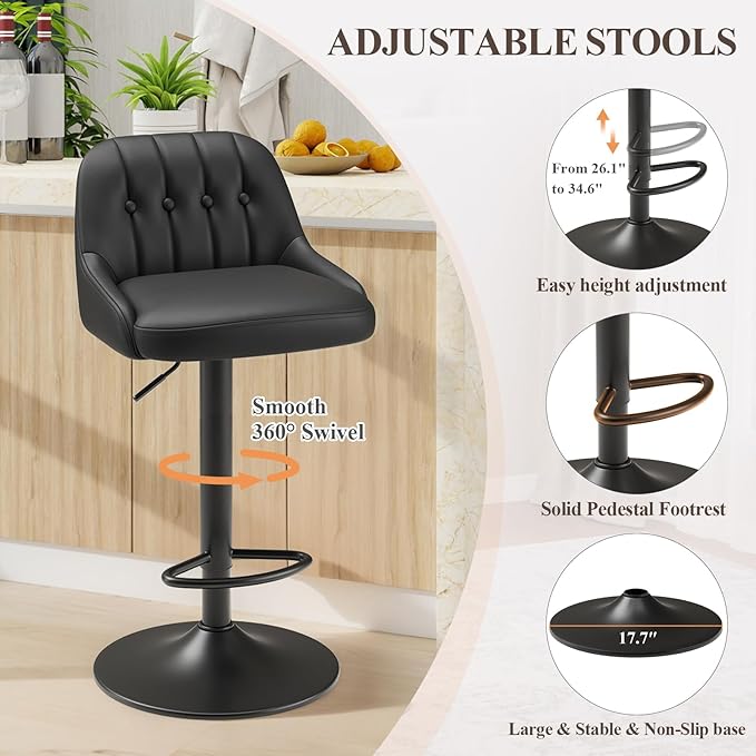Bar Stools Set of 3, Swivel Bar Chairs, Modern Adjustable PU Leather Upholstered Barstools Counter Height with Tufted Back for Bar, Kitchen Counter Island, Dining Room, Black
