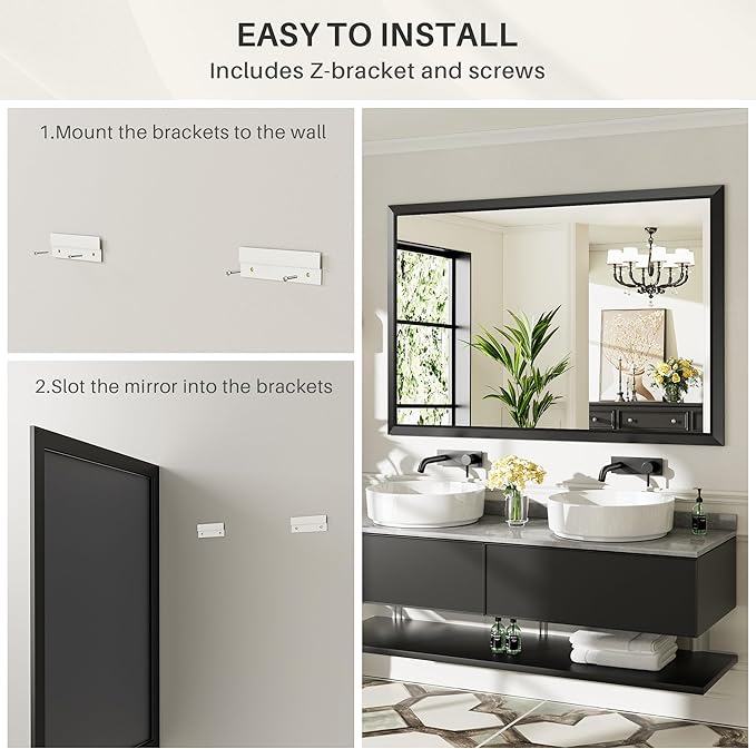 50x30 Inch Black Bathroom Mirror for Wall, Thick Metal Framed Rectangle Mirrors for Over Sink, Bedroom, Living Room, Entryway, Anti-Rust, HD Tempered Glass