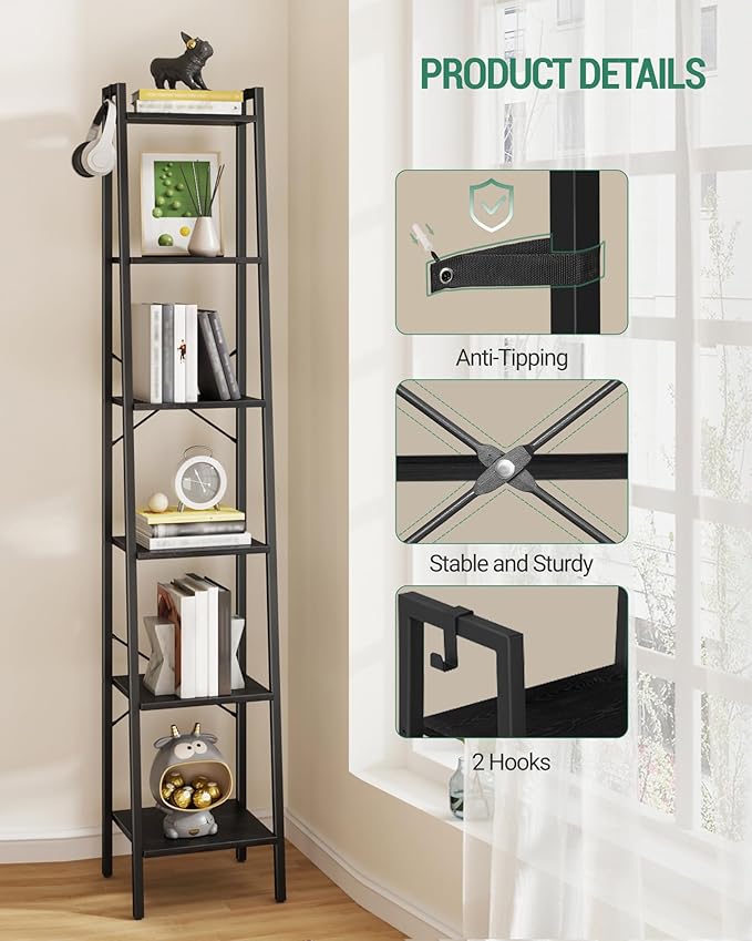 Ladder Shelf, Bookshelf Bookcase, Freestanding Corner Storage Shelve with 2 Hooks for Home Office, Living Room, Kitchen, Bedroom, Industrial, 6-Tier Black BC13304B