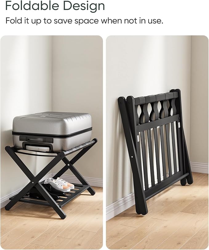 2 Pack Fully Assembled Black Bamboo Luggage Racks with Shoe Shelf, 5 Straps Folding Suitcase Stand, Heavy Duty Luggage Holders for Guest Room, Bedroom, Hotel