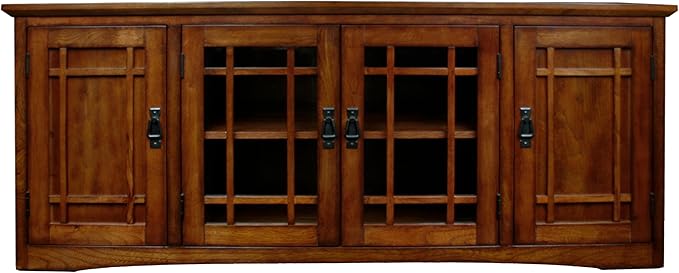 Leick Home 82360 Solid Wood Mission Oak Four Door TV Stand For 65" TVs Universal TV Console Living Room Storage Shelves Entertainment Center, Mission Oak
