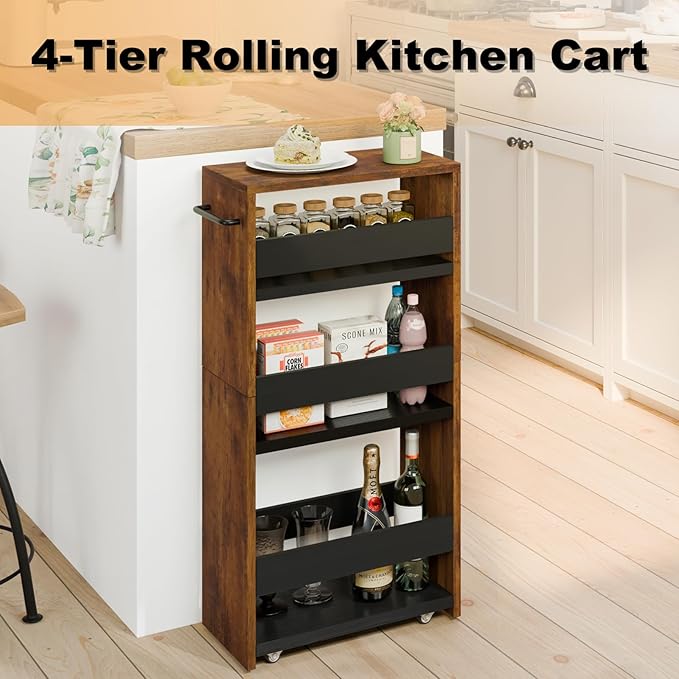 MARTY Slim Rolling Cart 4-Tier Utility Carts with Wheels Handle, Kitchen Storage Cart Slide Out Mobile Shelving Unit Organizer for Bathroom Laundry Room Organization Narrow Places (Rustic Brown)