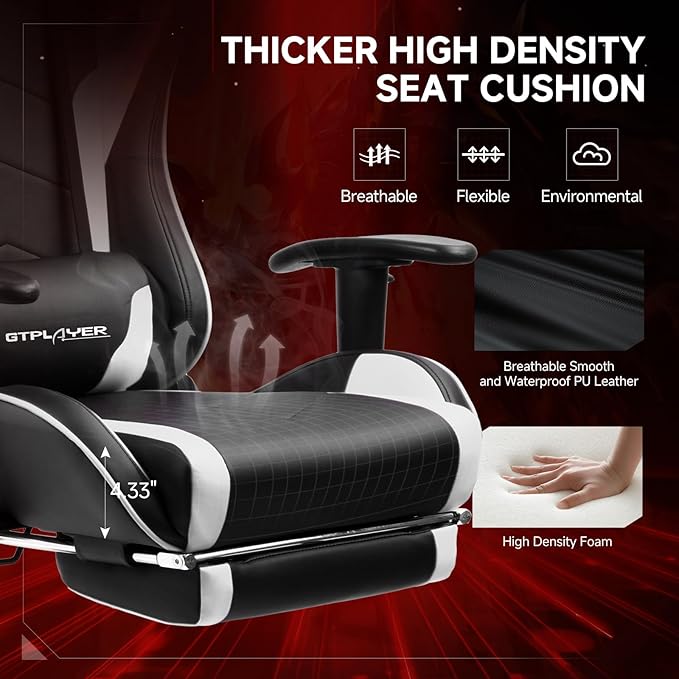 GTPLAYER Gaming Chair with Bluetooth Speakers and Footrest, Ergonomic Gamer Chair with Reclining Backrest, 3D Armrests, Adjustable Seat Height, Computer Desk Chair for Adults (White)