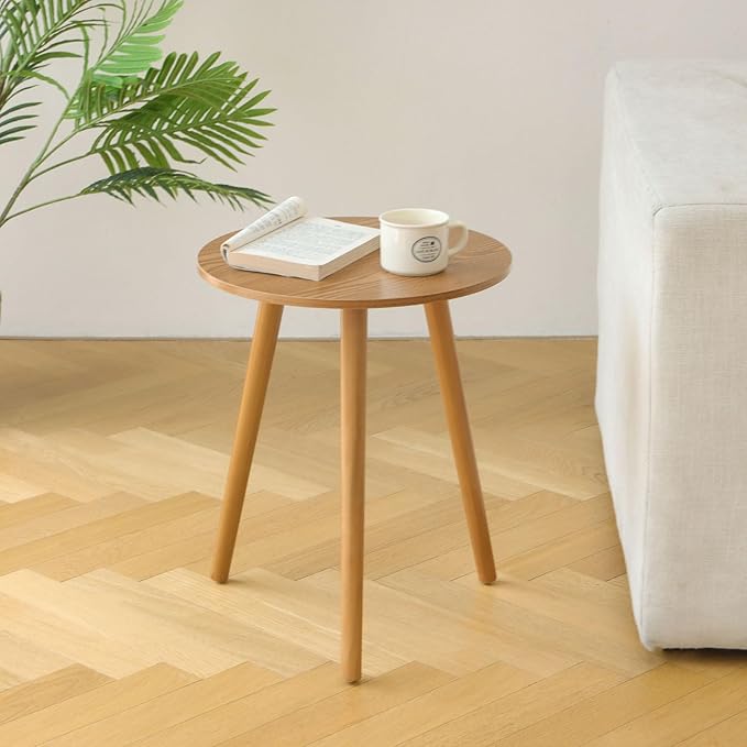 AWASEN Round Side Table, Small End Table for Living Room, Modern Accent Coffee Side Table with Solid Wood Legs for Small Space, Easy Assembly, Brown