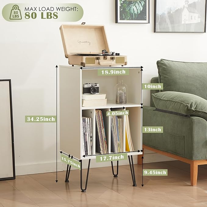 Record Player Stand with Vinyl Storage, Cabinet Holds Up to 150 Albums, End Table for Turntable, Living Room, White