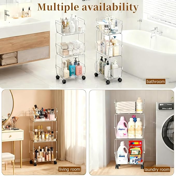 YCIA&DONE 3 Tier Rolling Cart, Storage Shelf Organizer with Lockable Caster Wheels,Transparent Slim Storage Cart for Bathroom, Laundry,Cosmetics