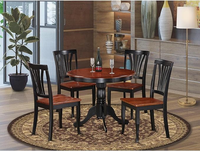 East West Furniture ANAV5-BLK-W 5 Piece Kitchen Table Set for 4 Includes a Round Dining Room Table with Pedestal and 4 Dining Chairs, 36x36 Inch, Black & Cherry
