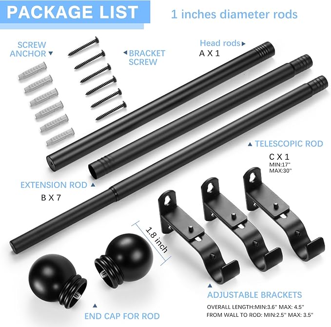 Curtain Rods for Windows 16 to 136 Inches, Curtain Rod Max Adjustable Length of 144 IN, 1" Diameter Drapery Rods Round Finials, Black, Pack of 1