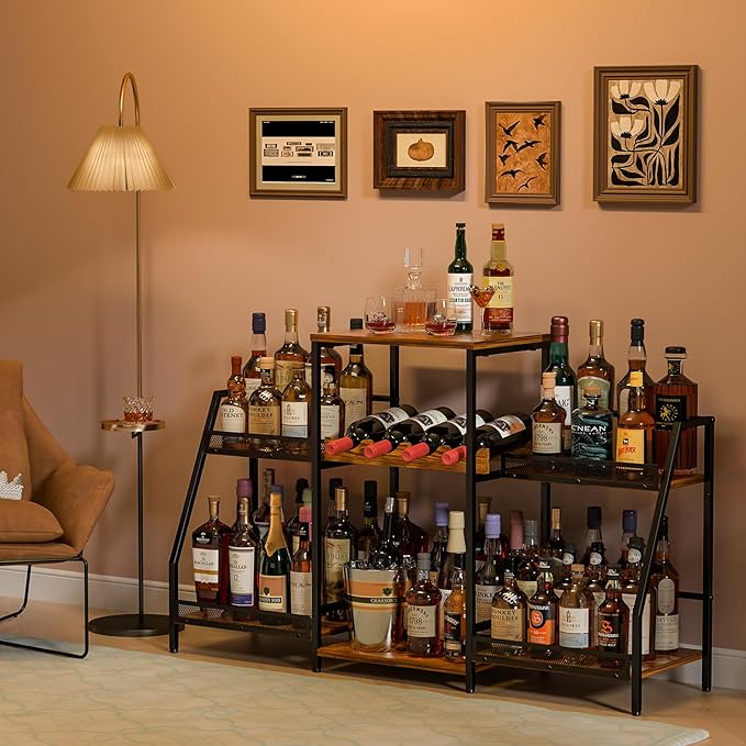 Liquor Cabinet with Fences, Wine Rack Freestanding Floor, 4 Tier Trapezoidal Bar Stand, Expanded Capacity Bar Cabinet for Liquor & Wine Storage