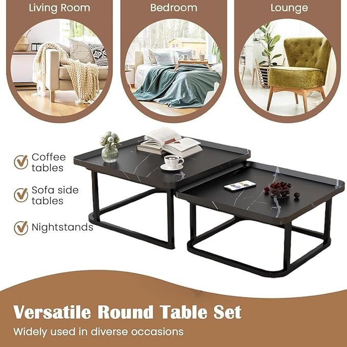 Square Nesting Coffee Table Set of 2, 23.6"+19.7" Nesting Tables,Small Square Coffee Table with Fluted,Center Table for Living Room Bedroom Office Balcony Yard (Black)