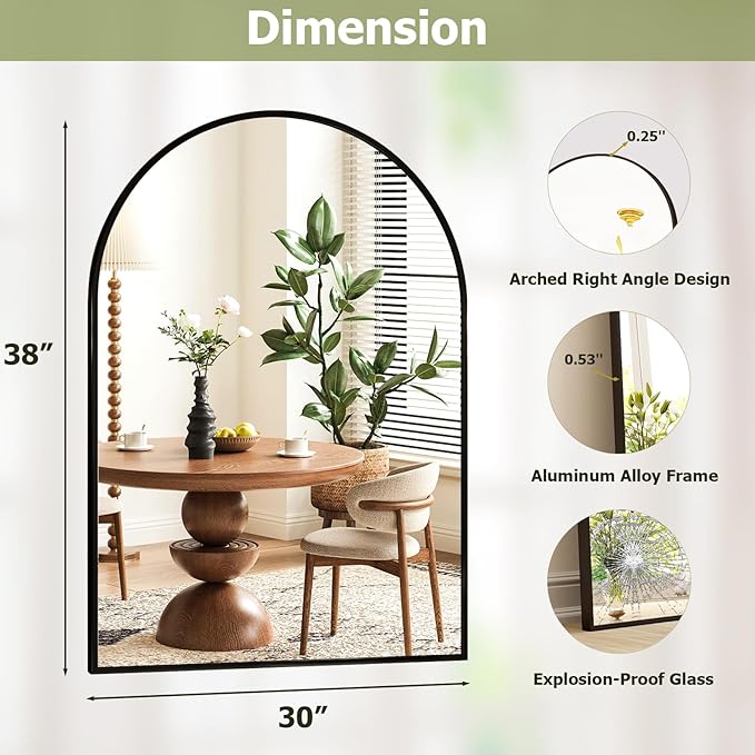 30x38 Inch Arched Bathroom Mirror - Black Metal Frame Wall Mounted Vanity Mirror for Bathroom, Bedroom, Living Room, Hanging or Leaning Decorative Mirror