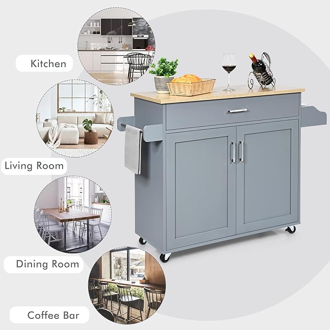 COSTWAY Kitchen Island On Wheels, Rolling Storage Trolley Cart with Large Cabinet, Drawer, Spice Rack and Towel Rack, Kitchen Serving Utility, 3-Position Adjustable Shelf (Grey)