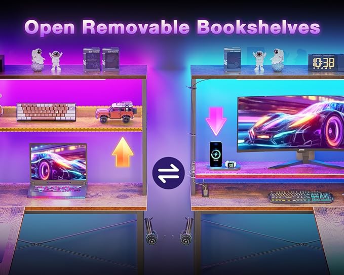 ODK 53 Inch L Shaped Desk with LED Lighting, Reversible Gaming Desk with Power Outlets, Cornor Computer Table with Storage Shelves & Bag & Iron Hook, Home Office Table for Writing, Study, Vintage