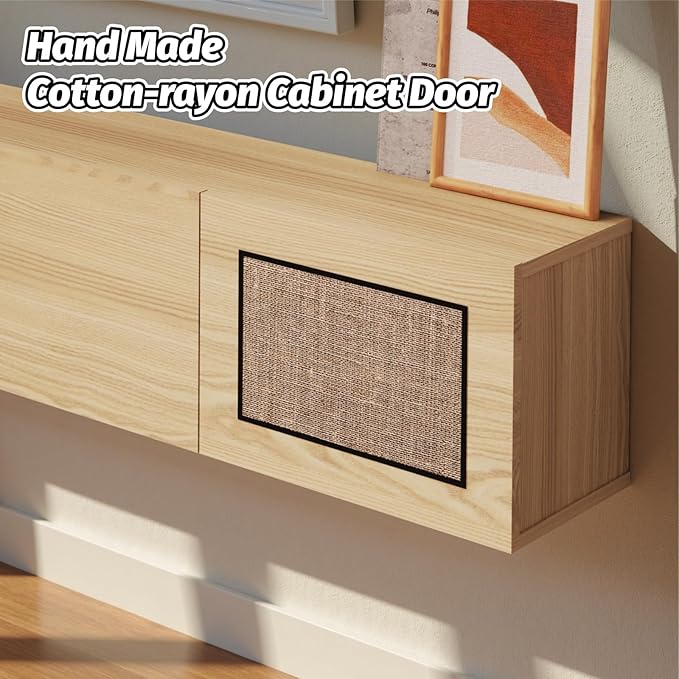 Pmnianhua Boho Floating TV Stand 70", Modern Wall Mounted Media Console with Cotton-Rayon Doors for Under TV Shelf,Entertainment Center,Living Room,Bedroom(Natural)