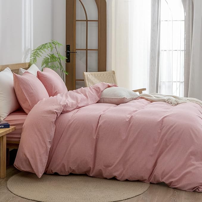 BESTOUCH Duvet Cover Set 100% Washed Cotton Linen Feel Super Soft Comfortable Chic Lightweight 3 PCs Home Bedding Set Solid Red Pink Full/Double