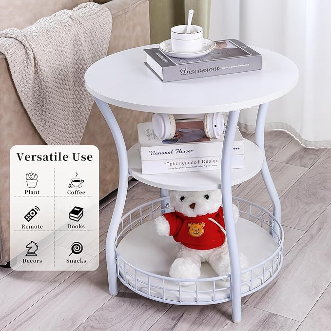 Round End Table, 3-Tier Side Table with Storage, Accent Corner Sofa Beside Table for Small Spaces,Steel Frame Nightstand for Living Room, Bedroom, Small Coffee Table,White