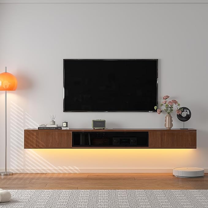 High Gloss Floating TV Stand,78'' Wall Mounted TV Console,Under TV Floating Shelf,Floating TV Cabinet with 3 Doors for Bedroom Living Room(Walnut)