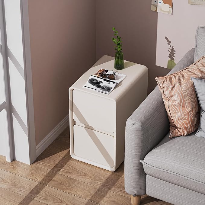 VICITON Modern Narrow Faux Leather Nightstand, Solid Wood Drawer, Storage Accent Table, Small Side End Table for Bedroom (Cream White, Nomal(12 inch))