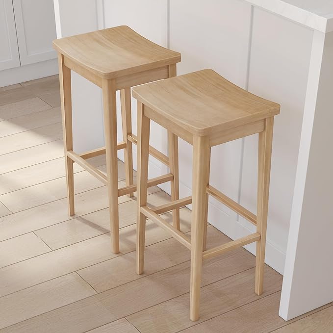 Plank+Beam Smythe Bar Stool, 30", Set of 4, Sturdy Wood Modern Kitchen Bar Height Stool, Saddle Seat Backless Bar Chair, Metal Footrest, Blonde