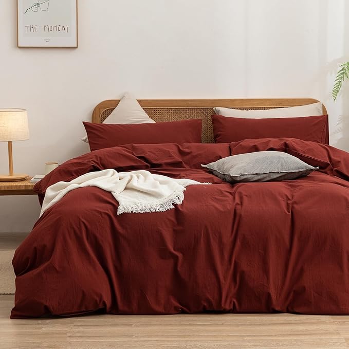 BESTOUCH Duvet Cover Set 100% Washed Cotton Linen Feel Super Soft Comfortable Chic Lightweight 3 PCs Home Bedding Set Solid Fired Brick Red Oversized Full
