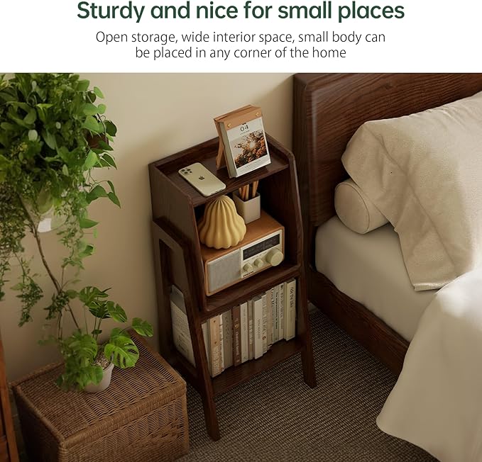 100% Solid Oak Ladder Shelf with Cabinet, 32.67" Tall Nightstand with Stable Frame for Bedroom, Small Bookcase for Living Room Nursery(Walnut, Fully Assembly Furniture)