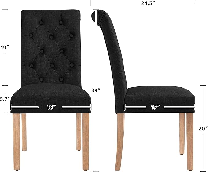 Yaheetech Dining Chairs Set of 2 Fabric Upholstered Dining Room Chairs with Button Tufted High Back and Solid Wood Legs for Kitchen/Living Room/Restaurant, Modern Style, Black