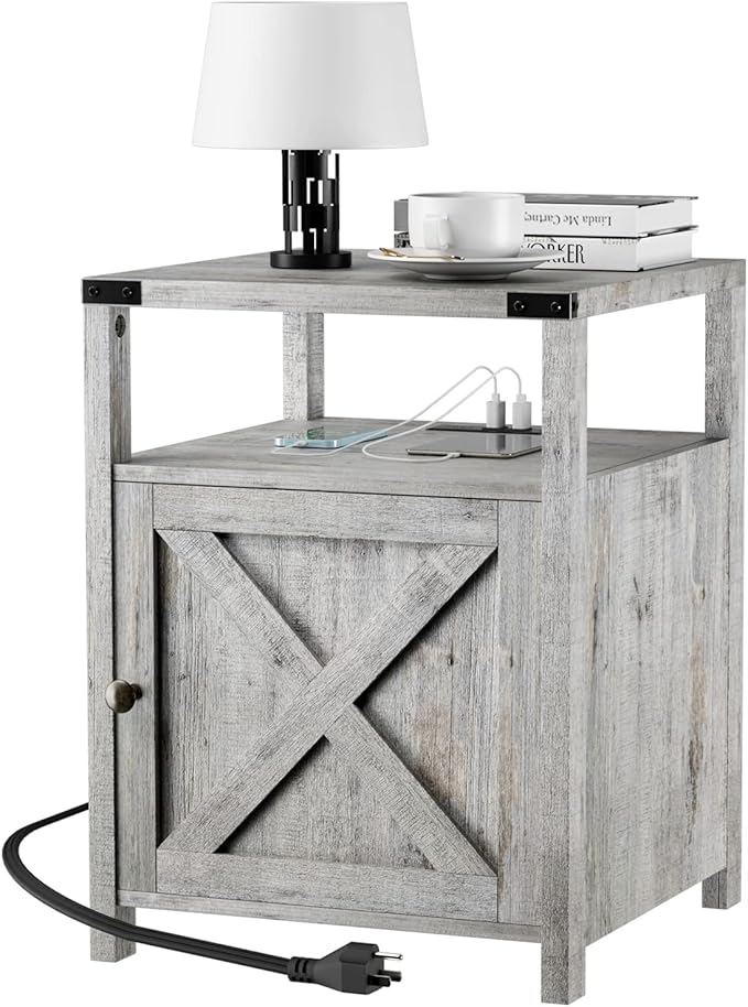 Farmhouse Nightstand with Charging Station, Grayish White End Table Bedroom with Storage Living Room Side Table Beige Night Stand Industrial Bedside Bed Table with USB Ports and Outlets