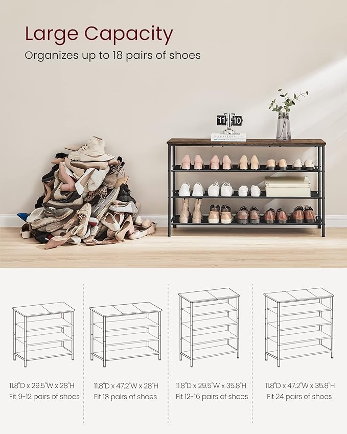 VASAGLE Shoe Rack, 4-Tier Shoe Storage Organizer for Entryway and Closet, Holds 15-18 Pairs of Shoes, 3 Fabric Shelves, Steel Frame, Industrial, Rustic Brown and Black ULBS135B01